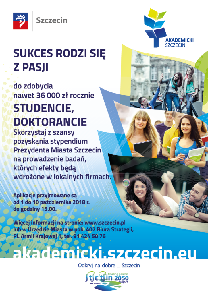 Plakat zachęcający do wzięcia udziału w procesie zdobycia stypendium naukowego Prezydenta Miasta Szczecina