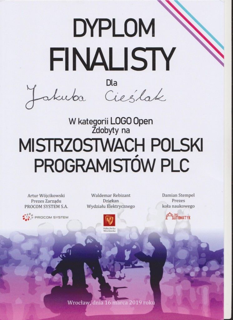 Dyplom finalisty w kategorii LOGO Open zdobyty na Mistrzostwach Polski Programistów PLC