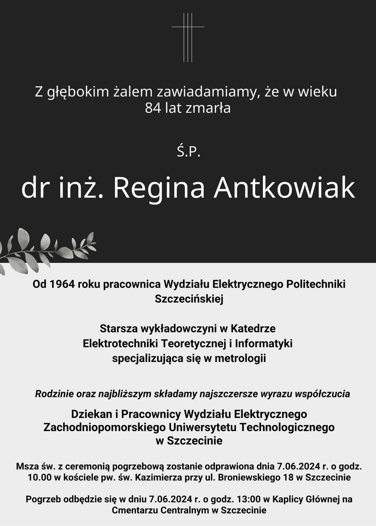 Nekrolog informujący o pogrzebie dr inż. Reginy Antkowiak