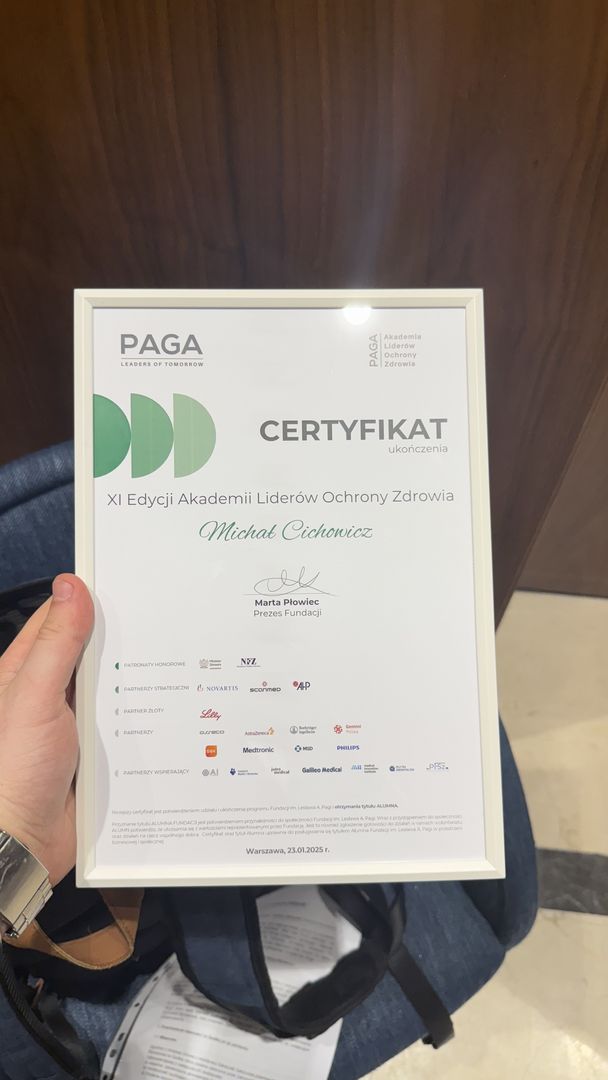 Certyfikat ukończenia XI edycji Akademii Liderów Ochrony Zdrowia przyznany dla Michała Cichowicza